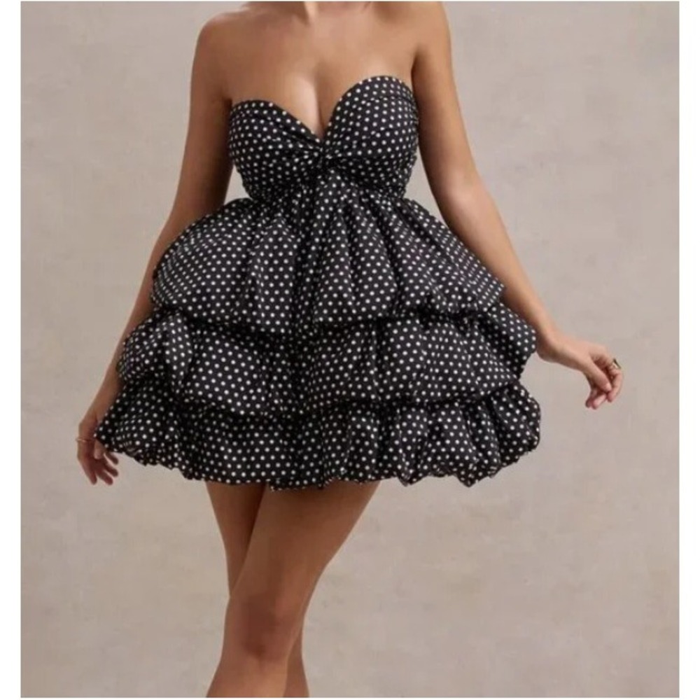 Club‎ L London Pepper Black Polka Dot Strapless Ruffled Mini Dress Size 12 NWT